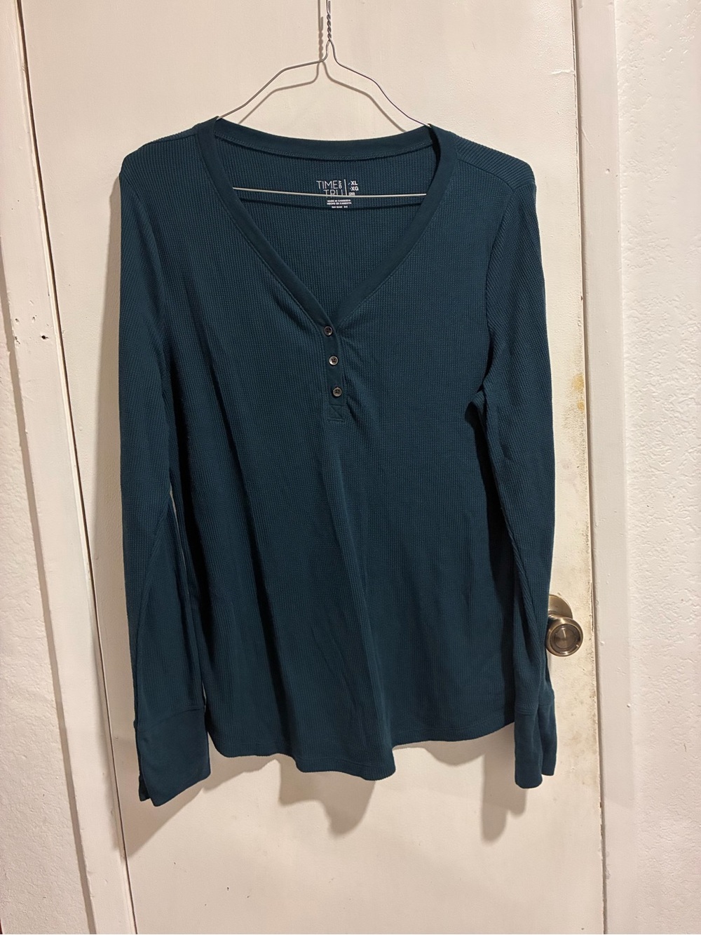 Time and Tru Teal Ribbed Henley Long-Sleeve Top